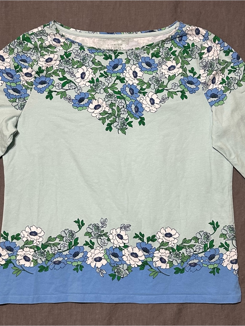 Talbots Light Blue Floral Border Scoop Neck Long Sleeve Top